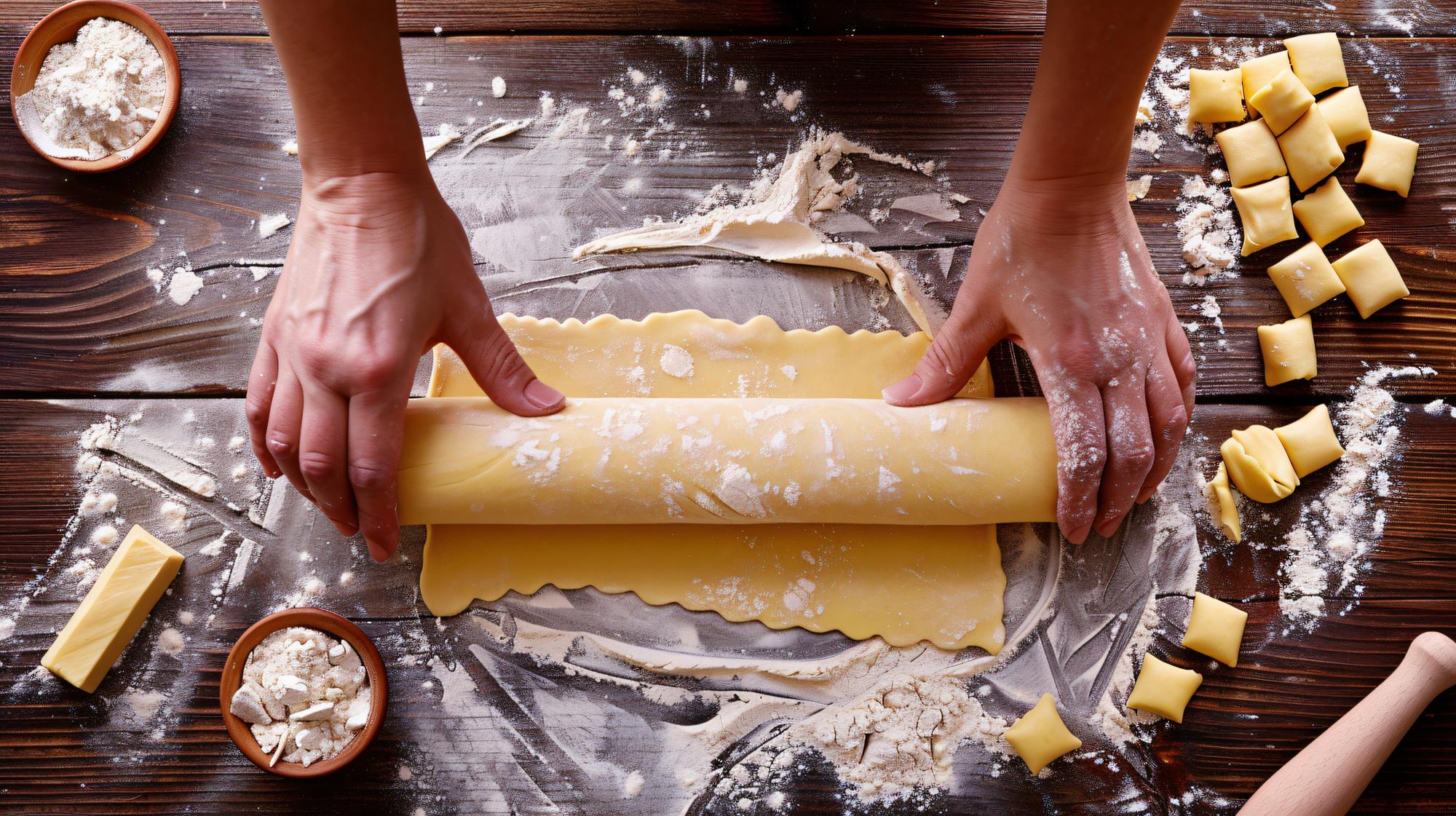 Nahaufnahme handgerollte Pasta auf Brett